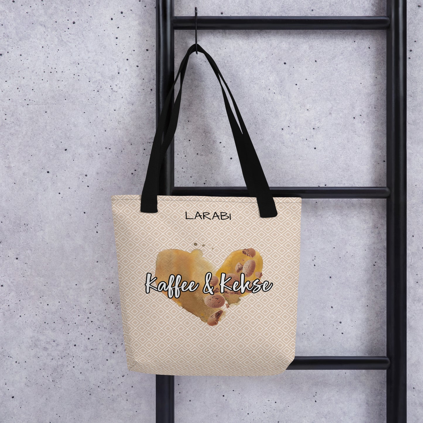 Stilvolle Tote Bag mit “Kaffee & Kekse” Schriftzug | Kaffeefleck-Design | Stofftragetasche mit elegantem Muster | Erhältlich in Schwarz, Rot und Gelb