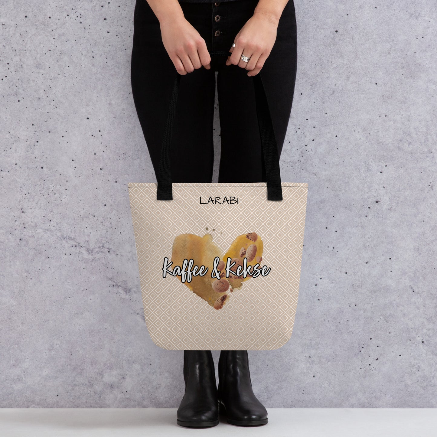 Stilvolle Tote Bag mit “Kaffee & Kekse” Schriftzug | Kaffeefleck-Design | Stofftragetasche mit elegantem Muster | Erhältlich in Schwarz, Rot und Gelb