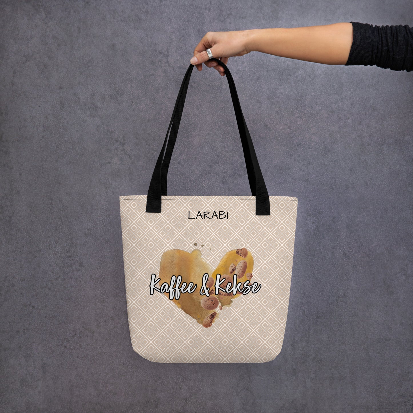 Stilvolle Tote Bag mit “Kaffee & Kekse” Schriftzug | Kaffeefleck-Design | Stofftragetasche mit elegantem Muster | Erhältlich in Schwarz, Rot und Gelb