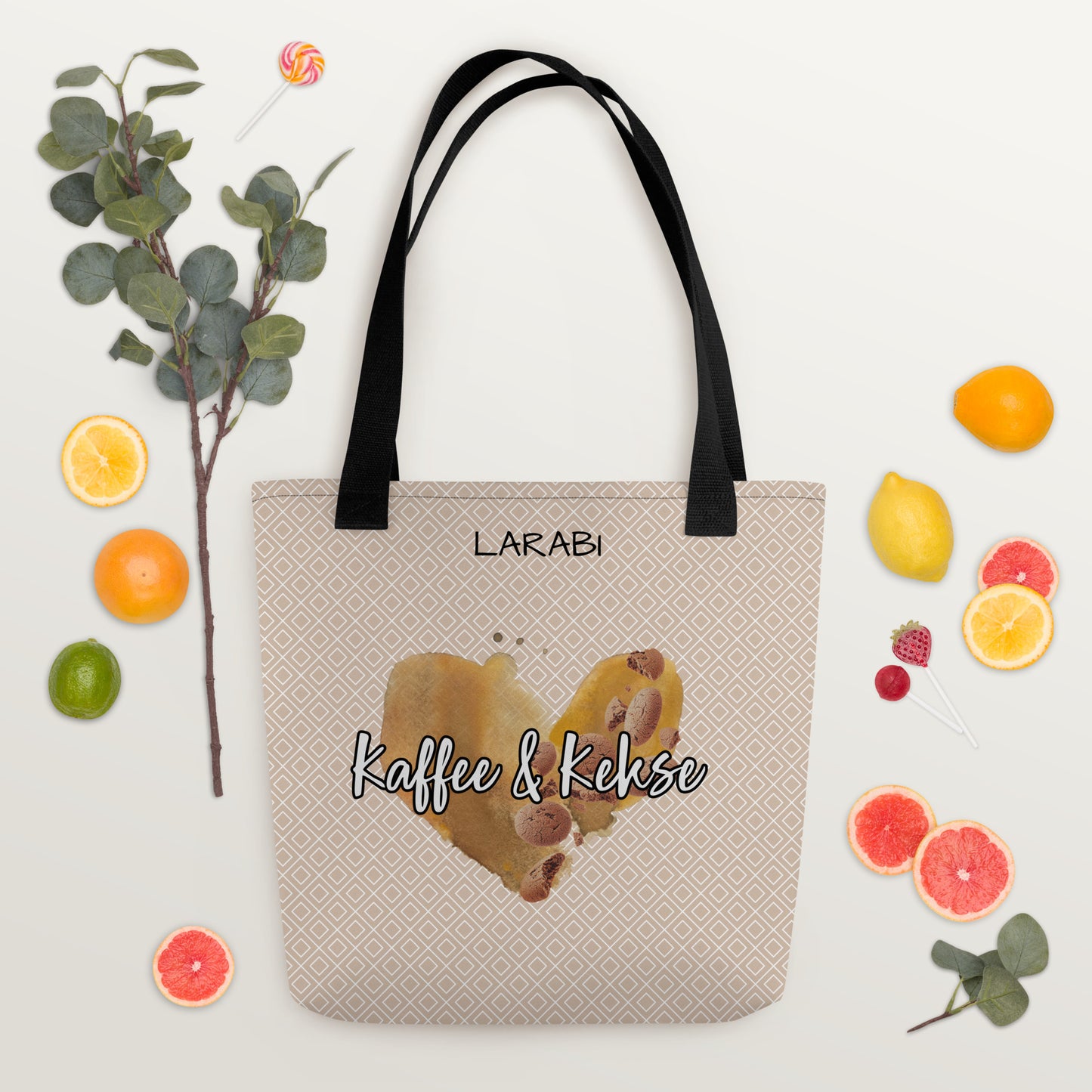 Stilvolle Tote Bag mit “Kaffee & Kekse” Schriftzug | Kaffeefleck-Design | Stofftragetasche mit elegantem Muster | Erhältlich in Schwarz, Rot und Gelb