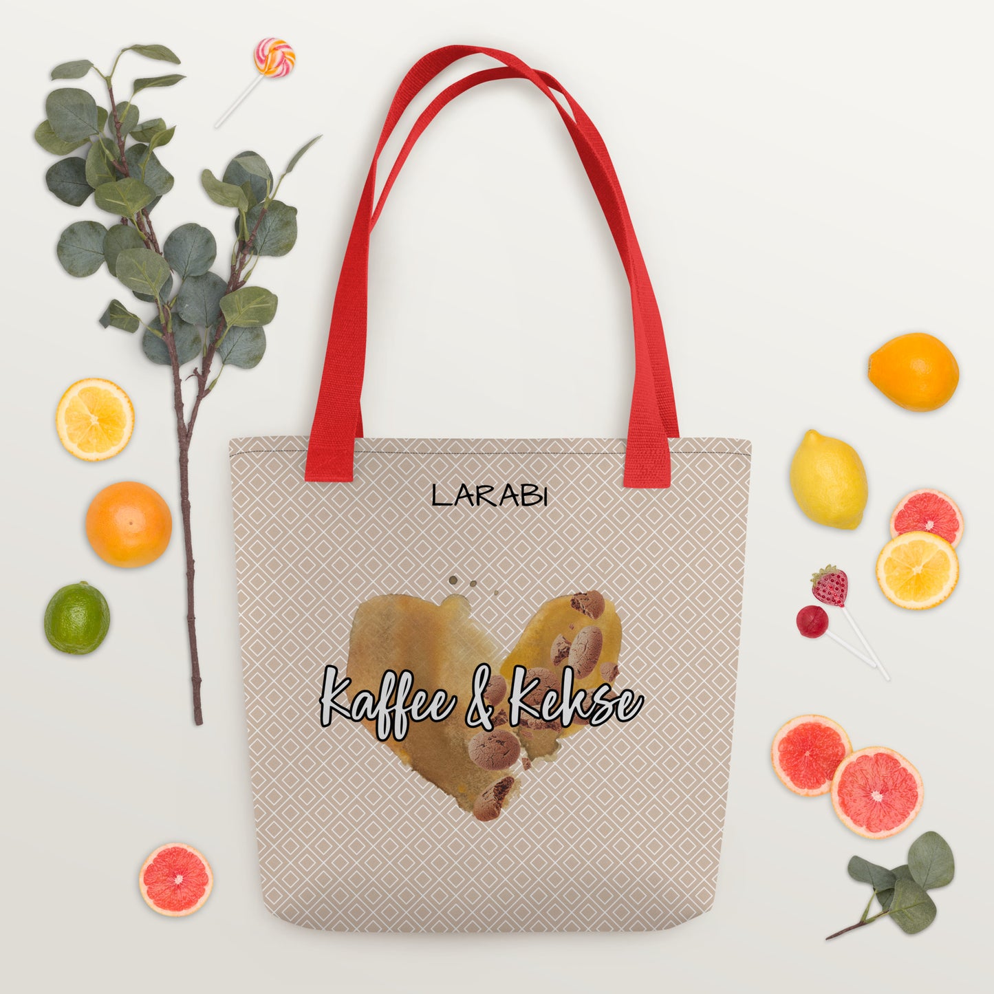 Stilvolle Tote Bag mit “Kaffee & Kekse” Schriftzug | Kaffeefleck-Design | Stofftragetasche mit elegantem Muster | Erhältlich in Schwarz, Rot und Gelb