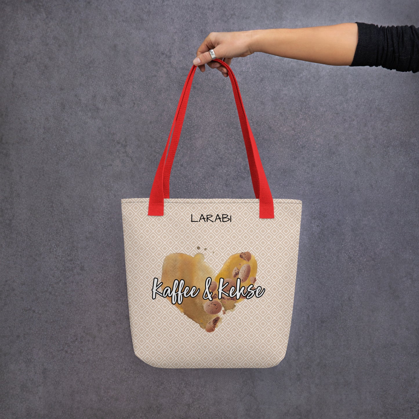 Stilvolle Tote Bag mit “Kaffee & Kekse” Schriftzug | Kaffeefleck-Design | Stofftragetasche mit elegantem Muster | Erhältlich in Schwarz, Rot und Gelb