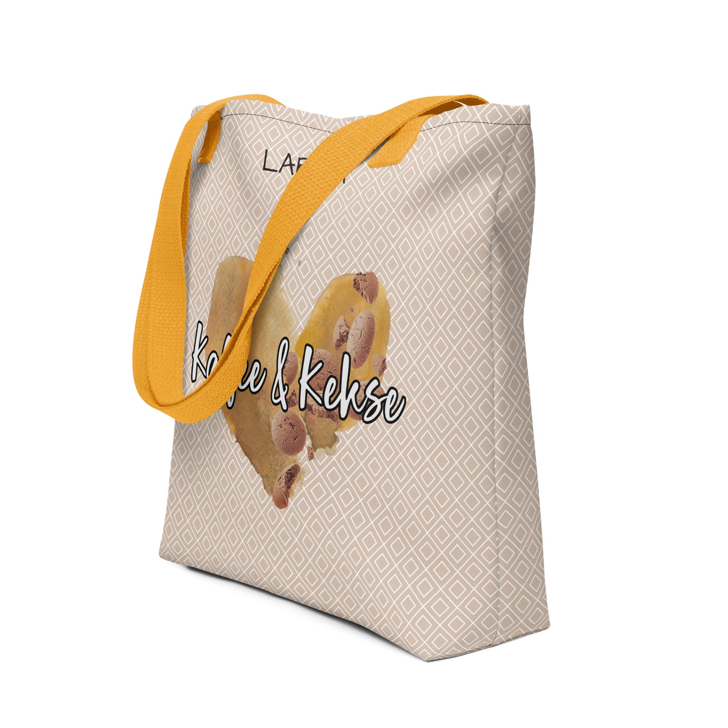 Stilvolle Tote Bag mit “Kaffee & Kekse” Schriftzug | Kaffeefleck-Design | Stofftragetasche mit elegantem Muster | Erhältlich in Schwarz, Rot und Gelb
