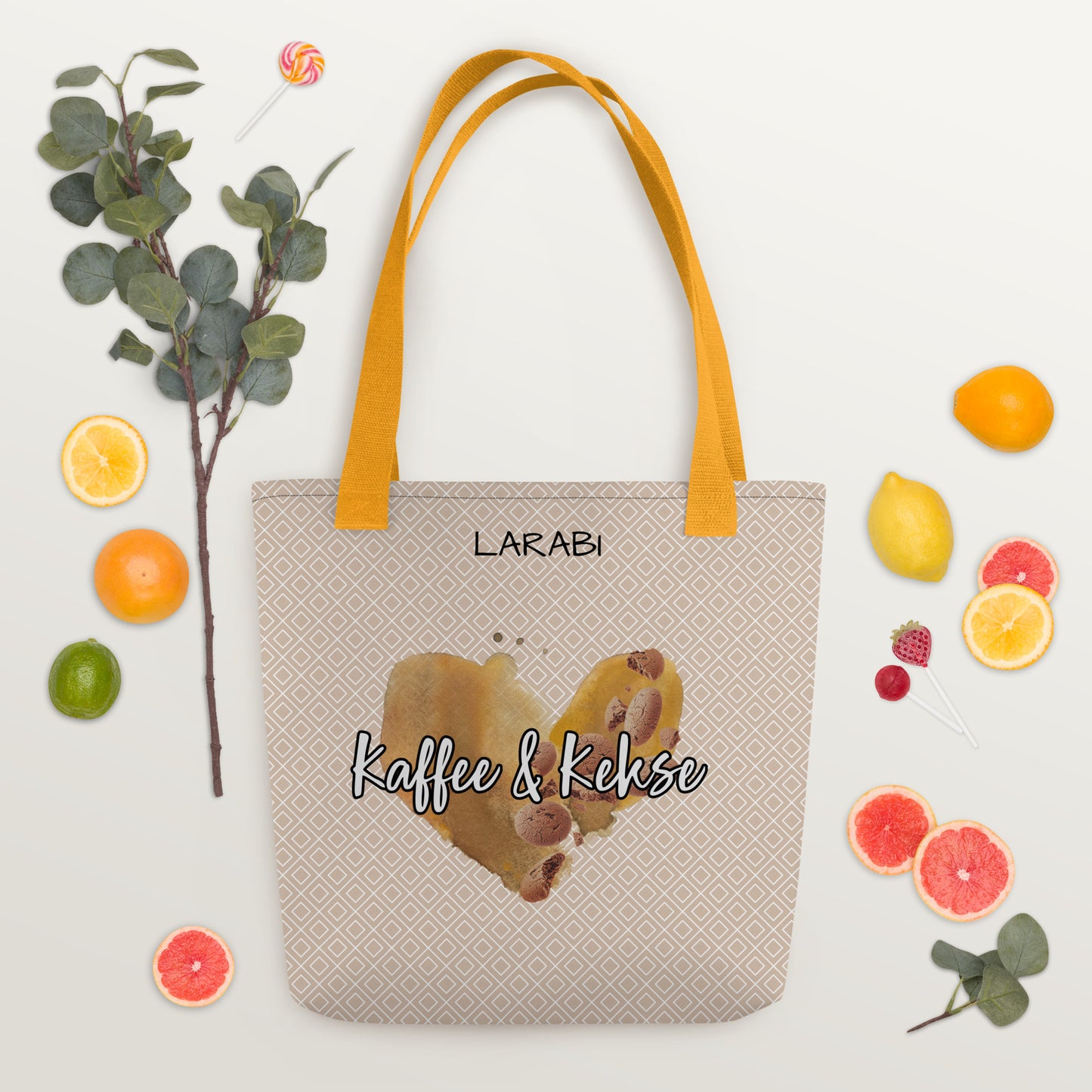 Stilvolle Tote Bag mit “Kaffee & Kekse” Schriftzug | Kaffeefleck-Design | Stofftragetasche mit elegantem Muster | Erhältlich in Schwarz, Rot und Gelb