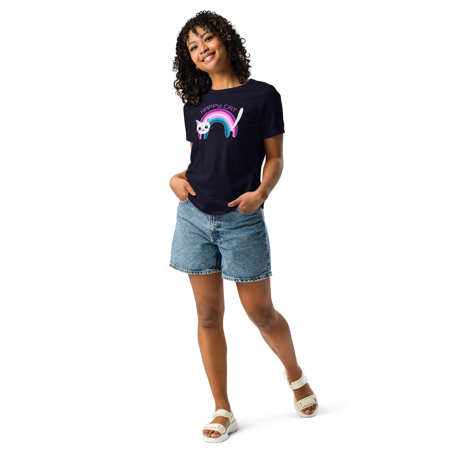 Lockeres Damen-T-Shirt Regenbogen Katze