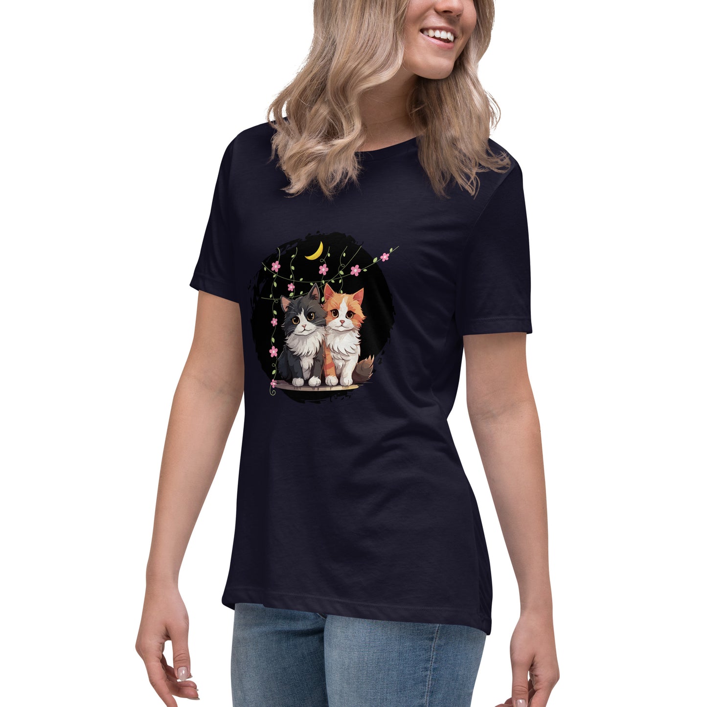 Lockeres Damen-T-Shirt 2 Katzen Nacht