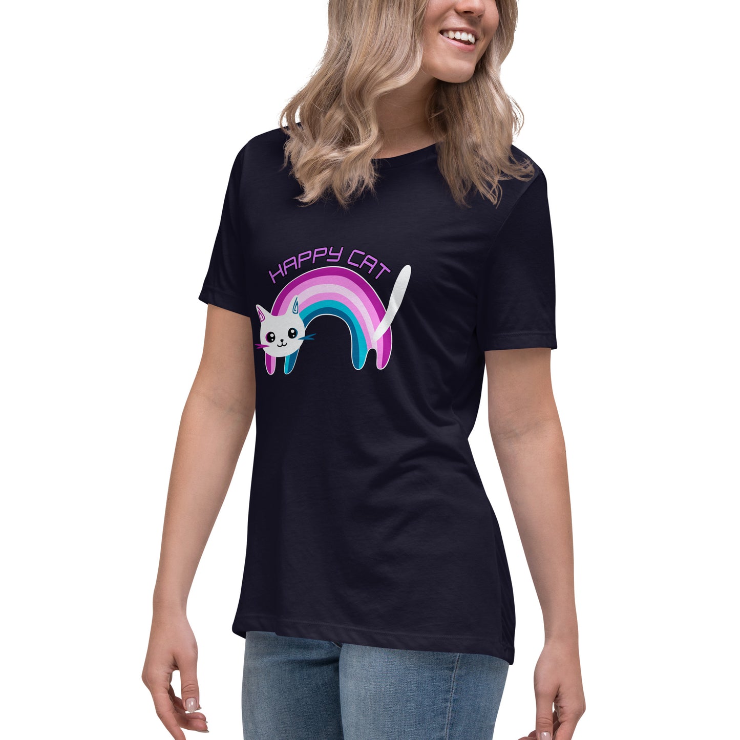 Lockeres Damen-T-Shirt Regenbogen Katze
