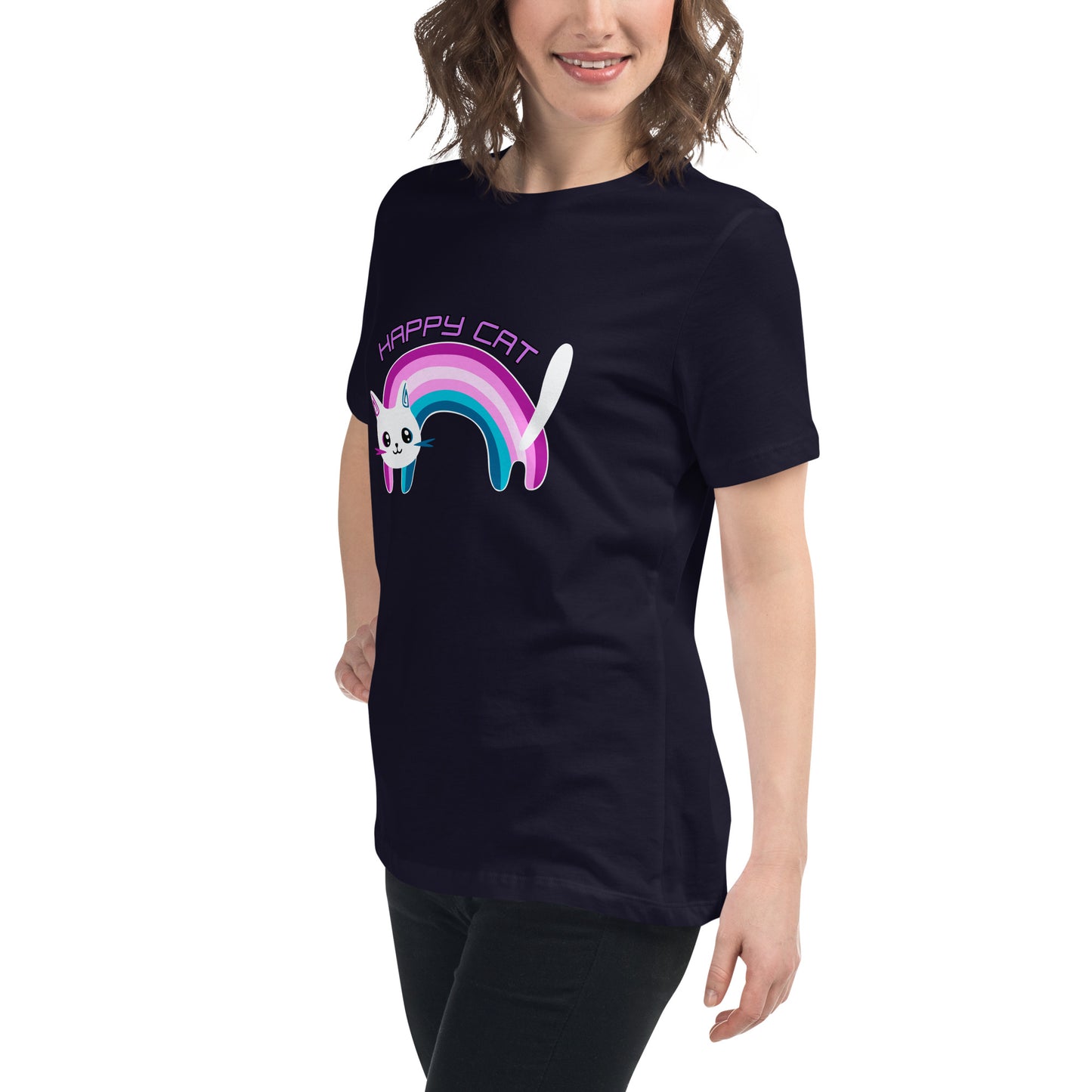 Lockeres Damen-T-Shirt Regenbogen Katze