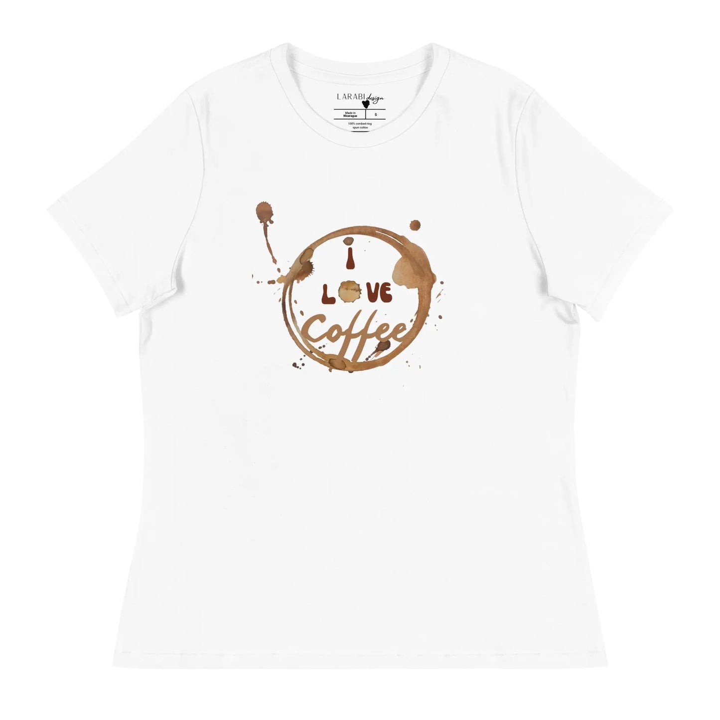 Damen T-Shirt mit “I love Coffee” Kaffeefleck-Design – Erhältlich in Rosa und Weiß LARABI