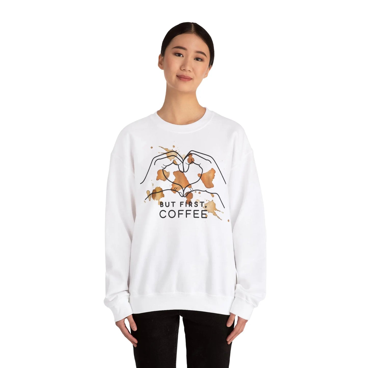 But First Coffee | Unisex Sweater -o XO HERZ XO - Single Design Front | Liebe | Kaffeefleck Pullover | Herz Pulli | Jumper Printify