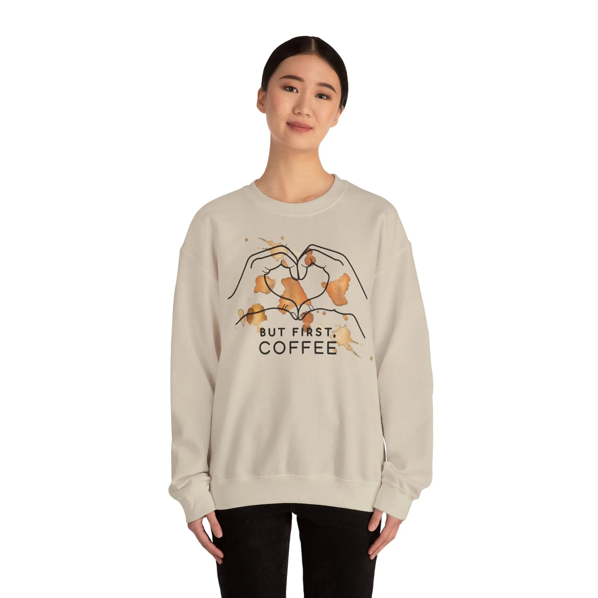 But First Coffee | Unisex Sweater -o XO HERZ XO - Single Design Front | Liebe | Kaffeefleck Pullover | Herz Pulli | Jumper Printify