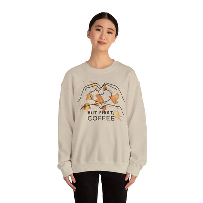 But First Coffee | Unisex Sweater -o XO HERZ XO - Single Design Front | Liebe | Kaffeefleck Pullover | Herz Pulli | Jumper Printify