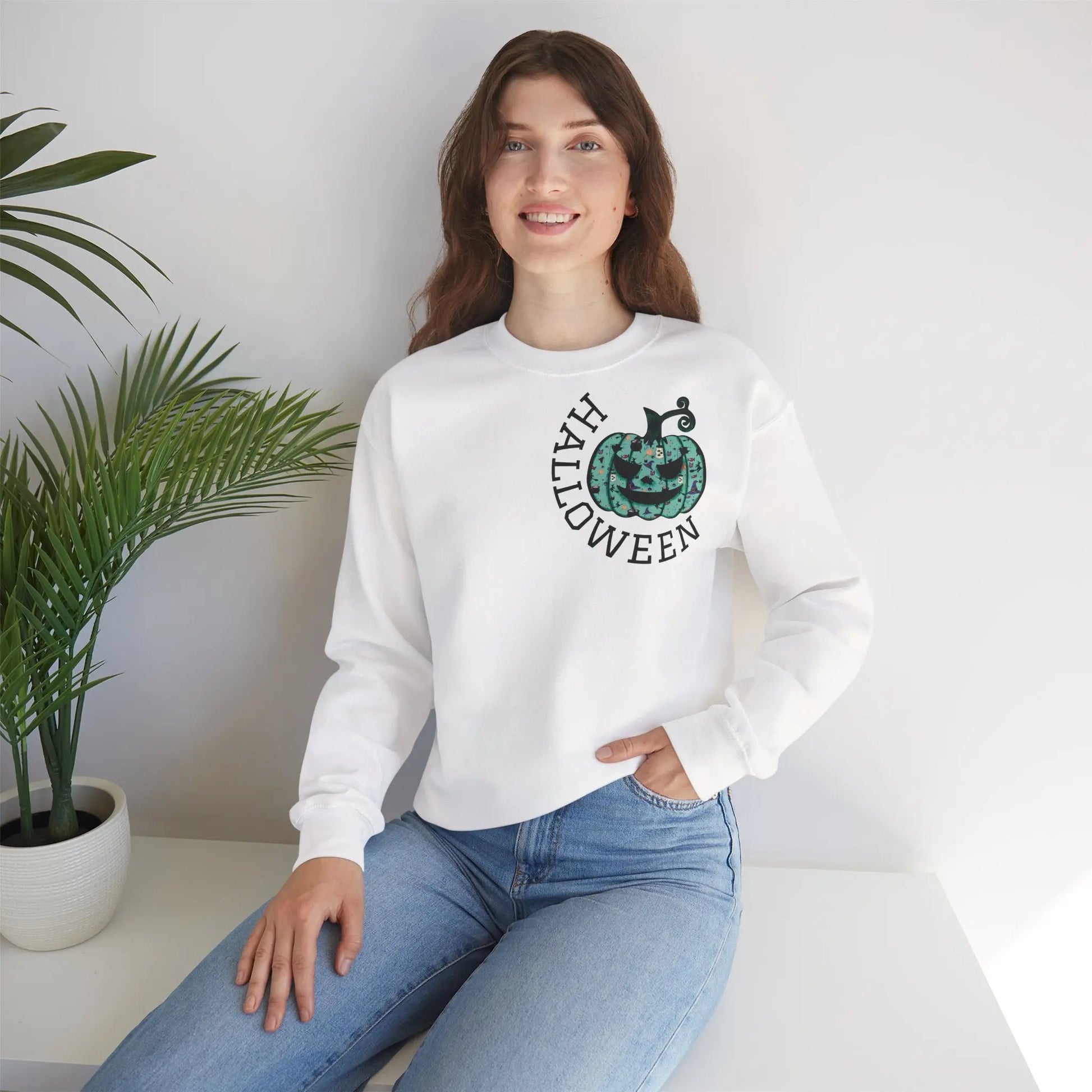 Halloween Sweatshirt | Türkiser Kürbis Pullover | Happy Halloween | Cozy Unisex Sweater | Larabi Design Printify