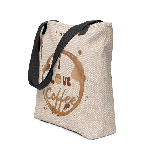 Stilvolle Tote Bag mit “I love Coffee” Kaffeefleck-Design – Stofftragetasche mit eleganten Mustern – Erhältlich in Schwarz, Rot und Gelb