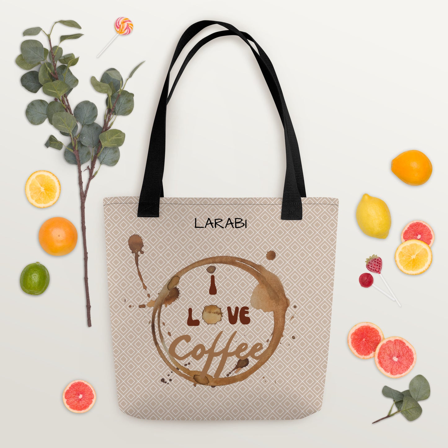 Stilvolle Tote Bag mit “I love Coffee” Kaffeefleck-Design – Stofftragetasche mit eleganten Mustern – Erhältlich in Schwarz, Rot und Gelb