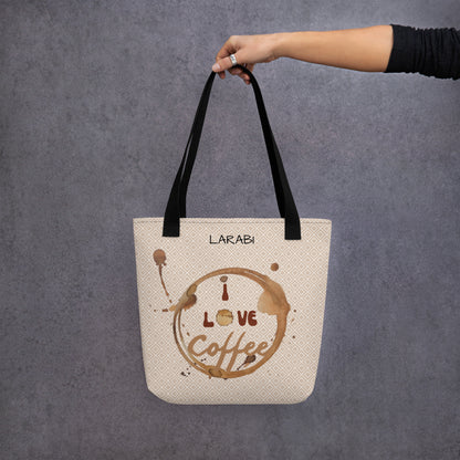 Stilvolle Tote Bag mit “I love Coffee” Kaffeefleck-Design – Stofftragetasche mit eleganten Mustern – Erhältlich in Schwarz, Rot und Gelb