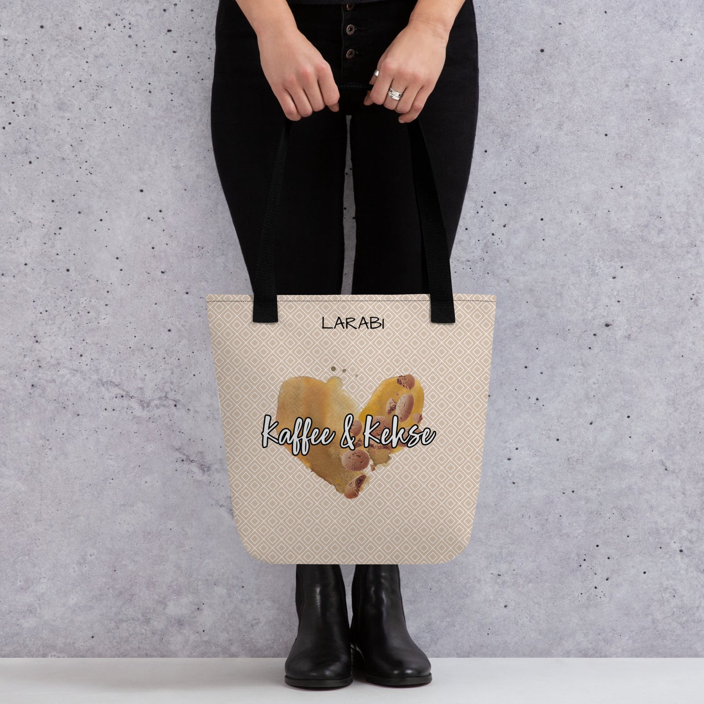 Stilvolle Tote Bag mit “Kaffee & Kekse” Schriftzug und Kaffeefleck-Design – Stofftragetasche mit eleganten Mustern – Erhältlich in Schwarz, Rot und Gelb