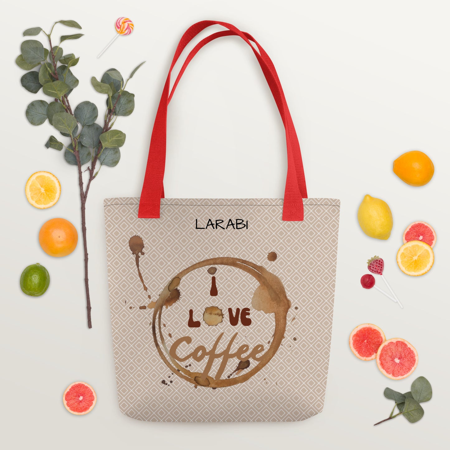 Stilvolle Tote Bag mit “I love Coffee” Kaffeefleck-Design – Stofftragetasche mit eleganten Mustern – Erhältlich in Schwarz, Rot und Gelb