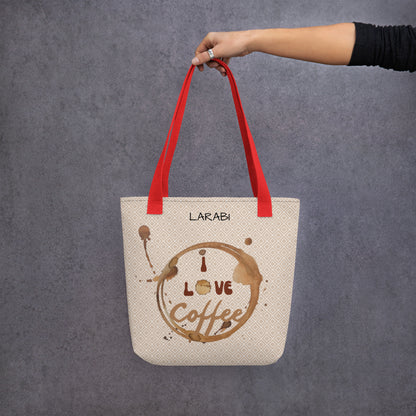 Stilvolle Tote Bag mit “I love Coffee” Kaffeefleck-Design – Stofftragetasche mit eleganten Mustern – Erhältlich in Schwarz, Rot und Gelb