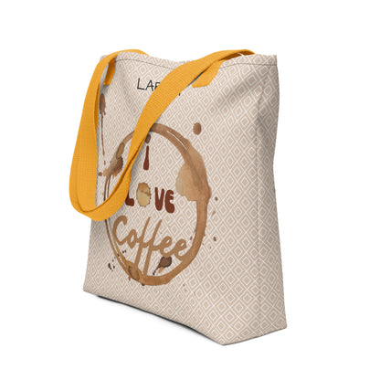 Stilvolle Tote Bag mit “I love Coffee” Kaffeefleck-Design – Stofftragetasche mit eleganten Mustern – Erhältlich in Schwarz, Rot und Gelb