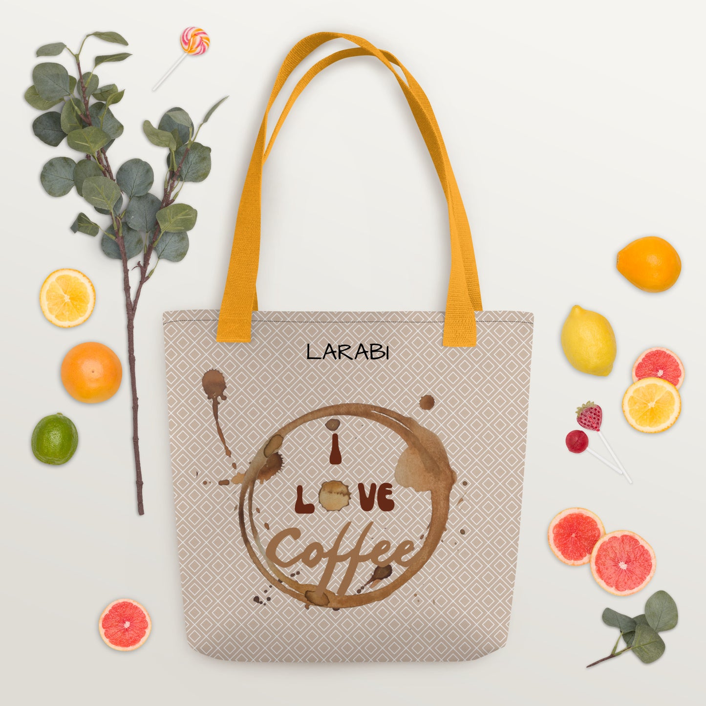 Stilvolle Tote Bag mit “I love Coffee” Kaffeefleck-Design – Stofftragetasche mit eleganten Mustern – Erhältlich in Schwarz, Rot und Gelb