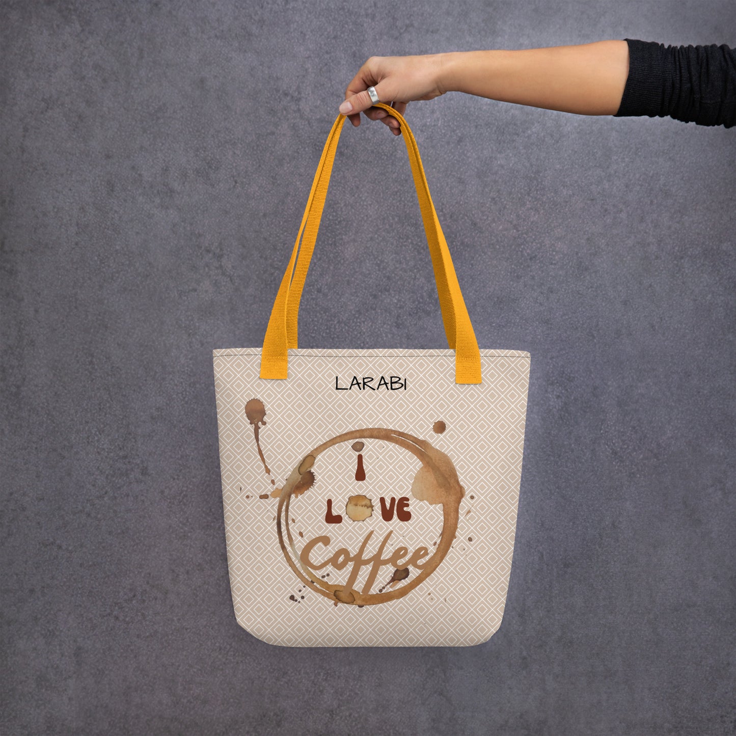 Stilvolle Tote Bag mit “I love Coffee” Kaffeefleck-Design – Stofftragetasche mit eleganten Mustern – Erhältlich in Schwarz, Rot und Gelb