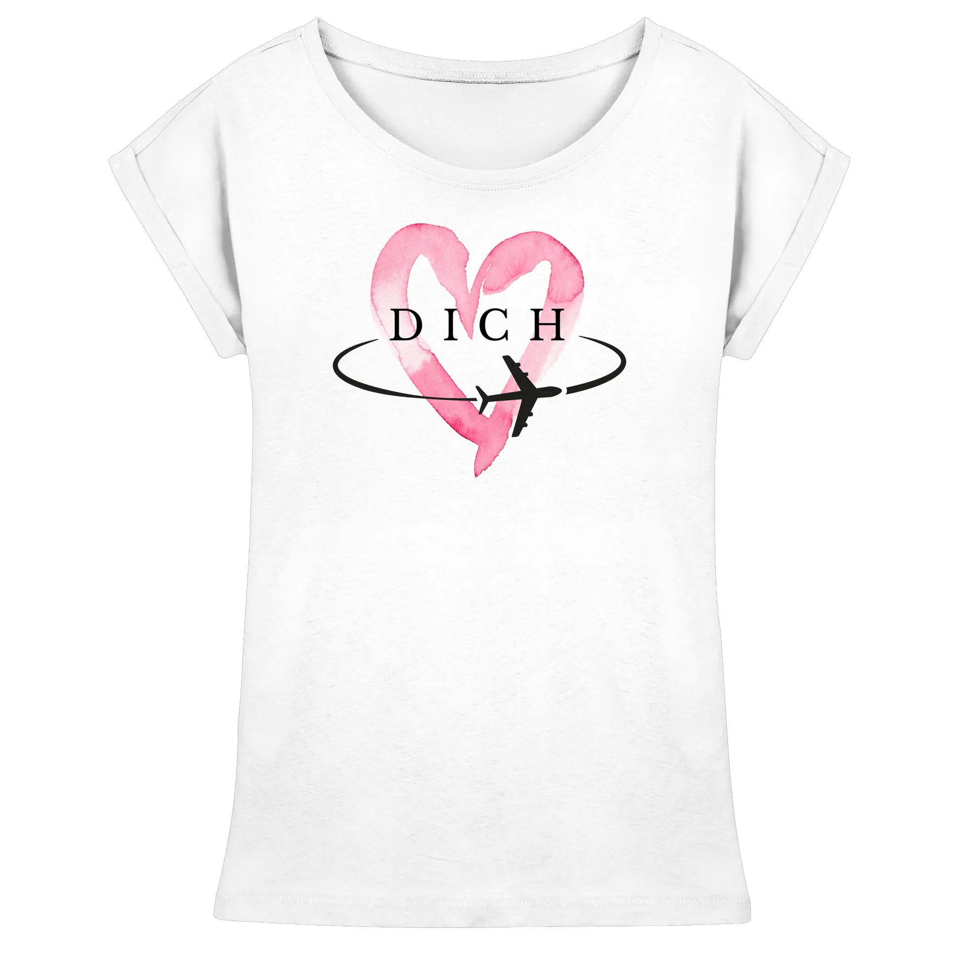 Weißes Damen-T-Shirt mit rosa Herz und Flugzeugmotiv, Schriftzug „DICH“ – romantisches Reiseshirt von Larabi Design