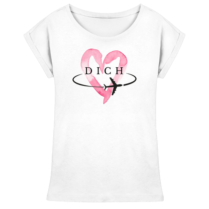 Weißes Damen-T-Shirt mit rosa Herz und Flugzeugmotiv, Schriftzug „DICH“ – romantisches Reiseshirt von Larabi Design