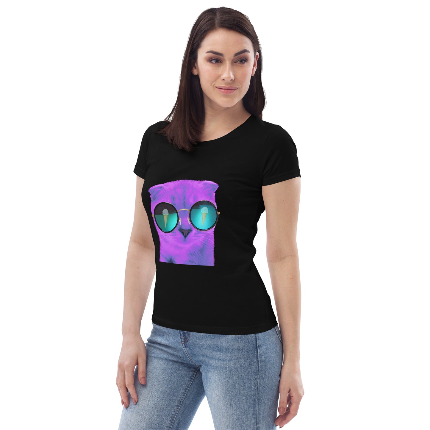 Enganliegendes T-Shirt Katze Lila