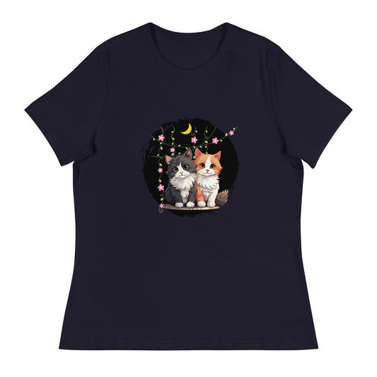 Lockeres Damen-T-Shirt 2 Katzen Nacht