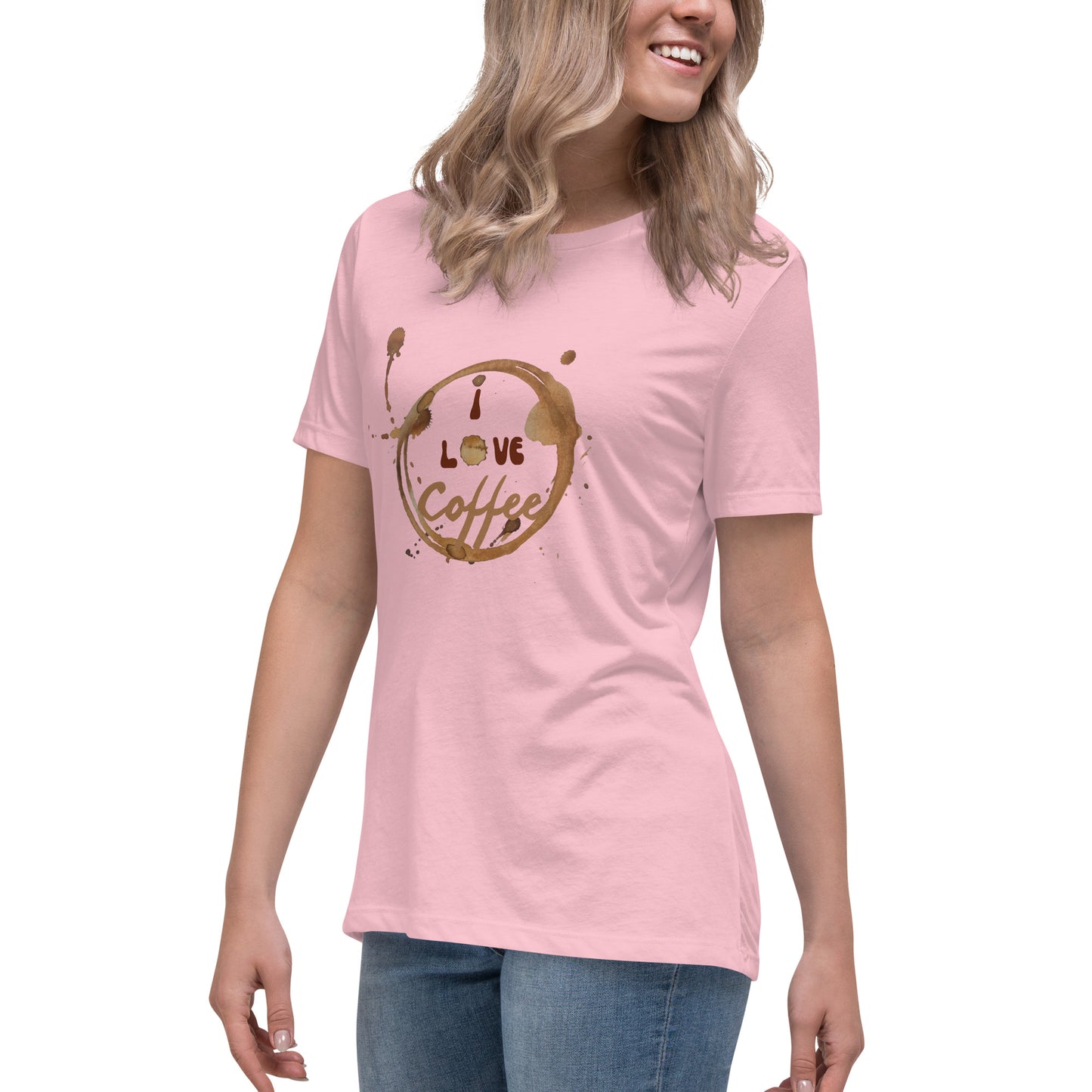 Damen T-Shirt mit “I love Coffee” Kaffeefleck-Design – Erhältlich in Rosa und Weiß